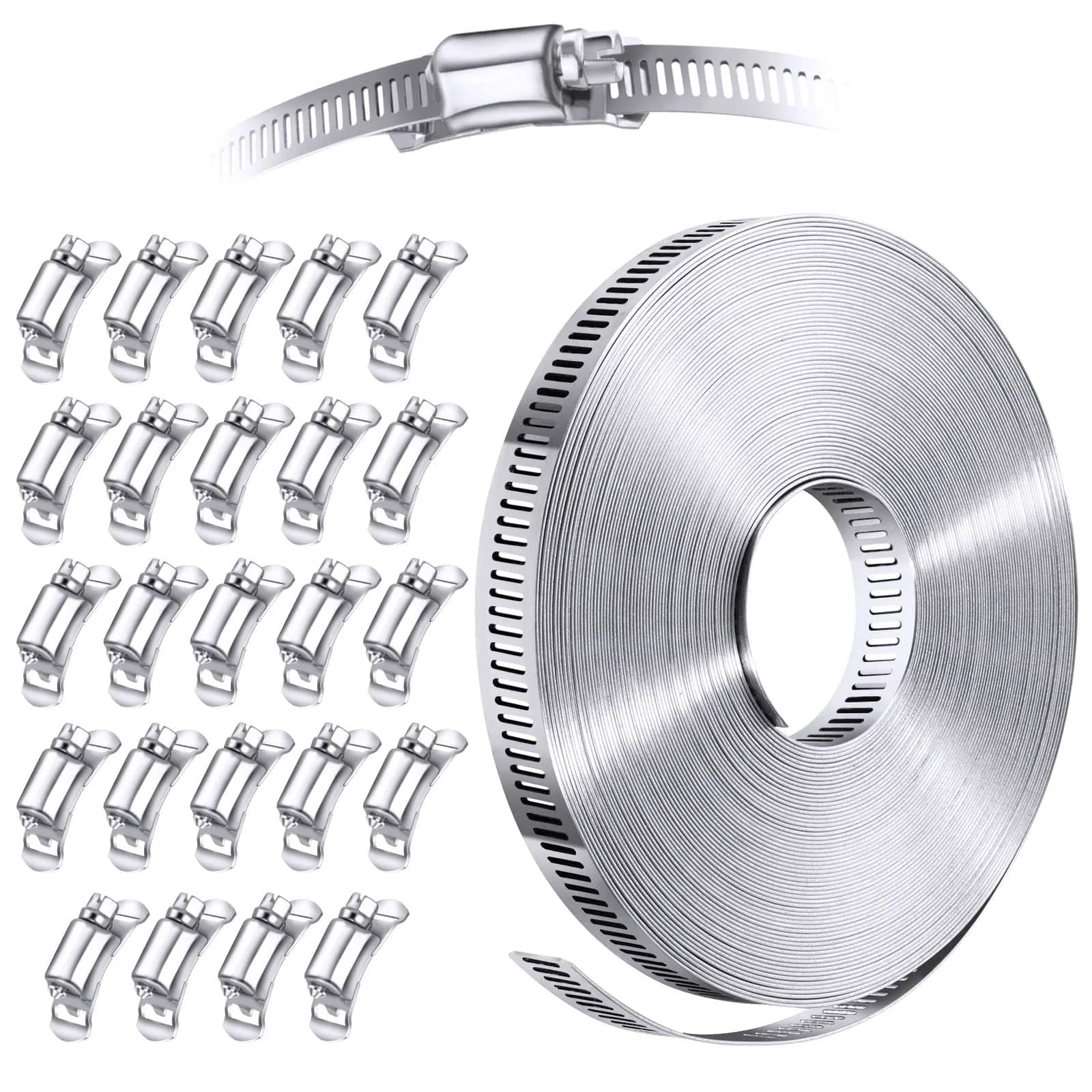 Steelsoft Stainless Steel Worm Gear Hose Clamp Kit | Cut-To-Fit 50ft Strap + 24 Fasteners | 2.5" to 190" Diameter Range — 50 FT Strap+24 Fasteners