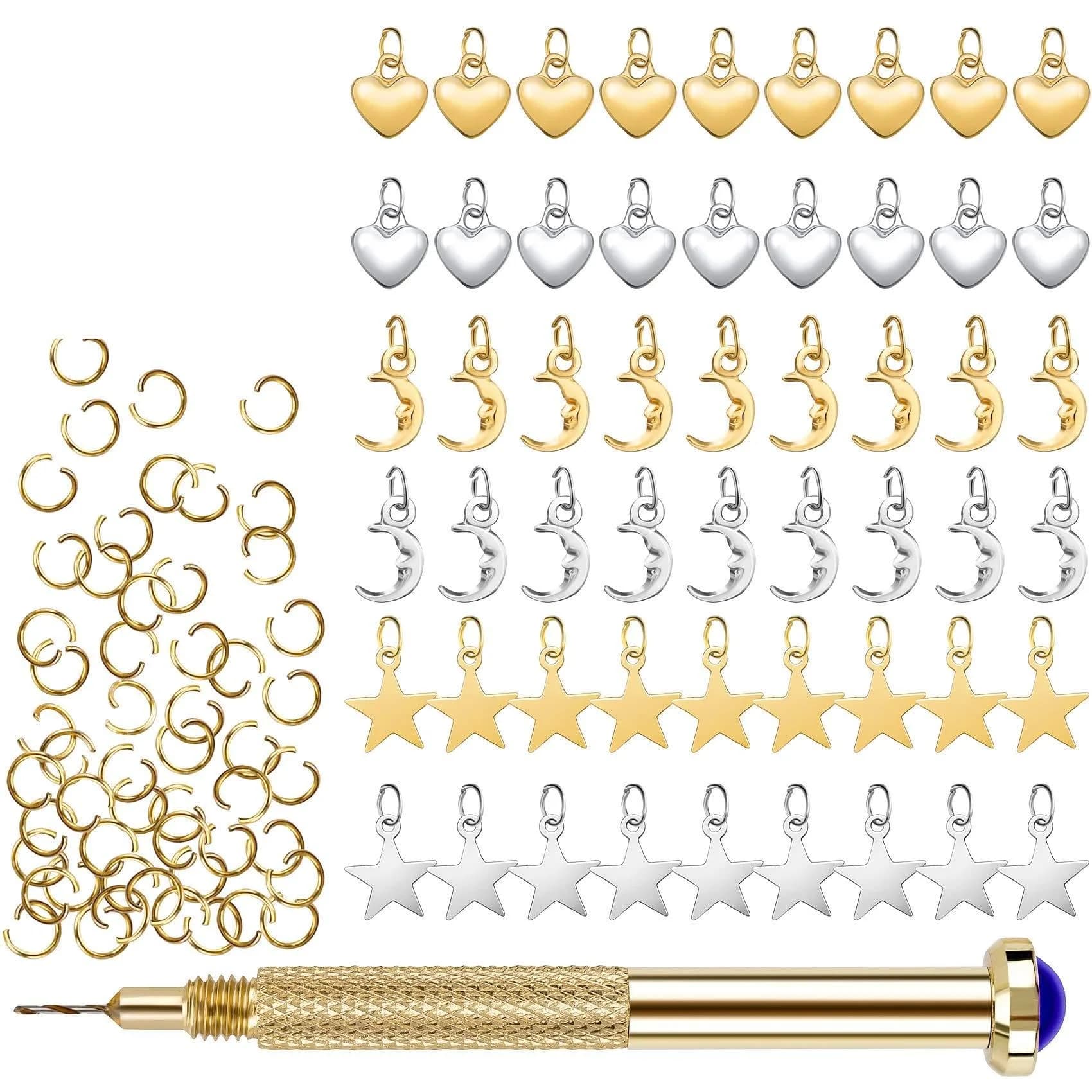 PAGOW 155 PCS Dangle Nail Art Charm Set with Piercing Tool | Gold & Multi-Color — 155 pcs