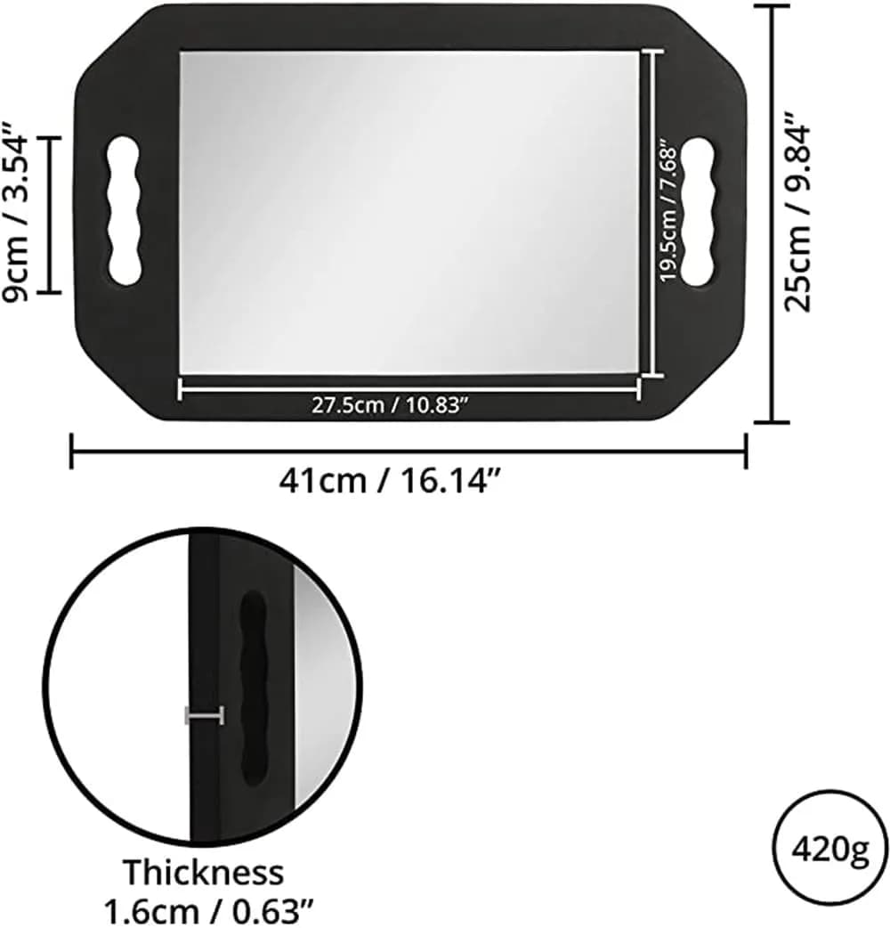 mpowtech Large Hand Held Barber Mirror 41cm (16.14") with Double Handles | Unbreakable Tempered Glass Salon Mirror - view 4