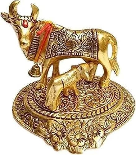 Fashion Bizz Kamdhenu Cow Statue with Calf 12 cm | Divine Home Decor, Aluminium Gold thumbnail 1