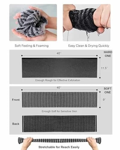 Yiclick Exfoliating Washcloth Towel Back Scrubber for Shower 2-Pack (40 inch / 101.6 cm) | Korean Japanese Style thumbnail 6