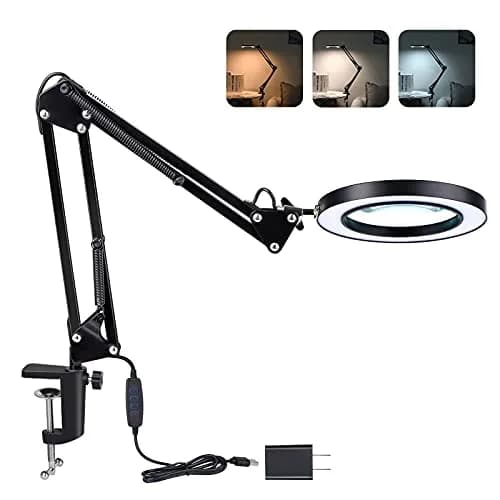 Dylviw Magnifying Glass with Light and Stand | 5-Diopter Glass Lens, Adjustable Swivel Arm, 3 Color Modes, LED Desk Lamp for Crafts & Reading thumbnail 1