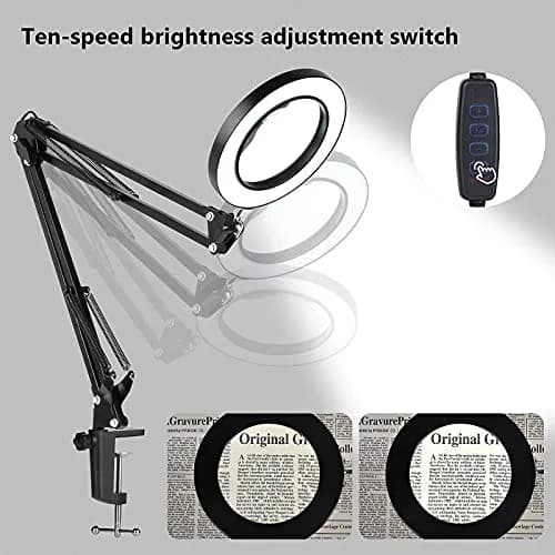 Dylviw Magnifying Glass with Light and Stand | 5-Diopter Glass Lens, Adjustable Swivel Arm, 3 Color Modes, LED Desk Lamp for Crafts & Reading thumbnail 4
