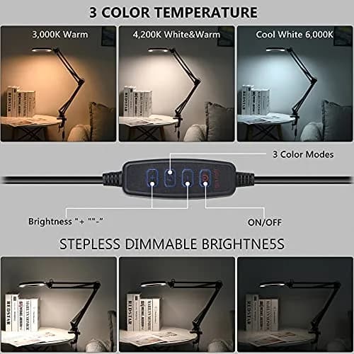 Dylviw Magnifying Glass with Light and Stand | 5-Diopter Glass Lens, Adjustable Swivel Arm, 3 Color Modes, LED Desk Lamp for Crafts & Reading thumbnail 5