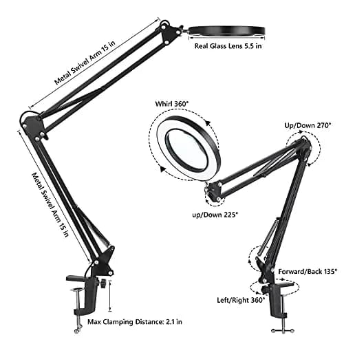 Dylviw Magnifying Glass with Light and Stand | 5-Diopter Glass Lens, Adjustable Swivel Arm, 3 Color Modes, LED Desk Lamp for Crafts & Reading thumbnail 2