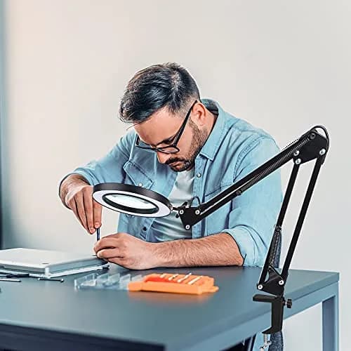 Dylviw Magnifying Glass with Light and Stand | 5-Diopter Glass Lens, Adjustable Swivel Arm, 3 Color Modes, LED Desk Lamp for Crafts & Reading thumbnail 3