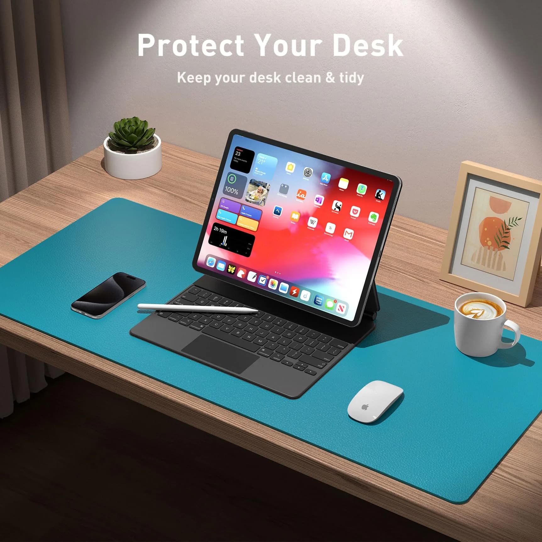 Aothia Leather Desk Pad Protector, Large Mouse Pad, Office Desk Mat, Non-Slip PU Leather Desk Blotter, Turquoise (36" x 17") - view 3