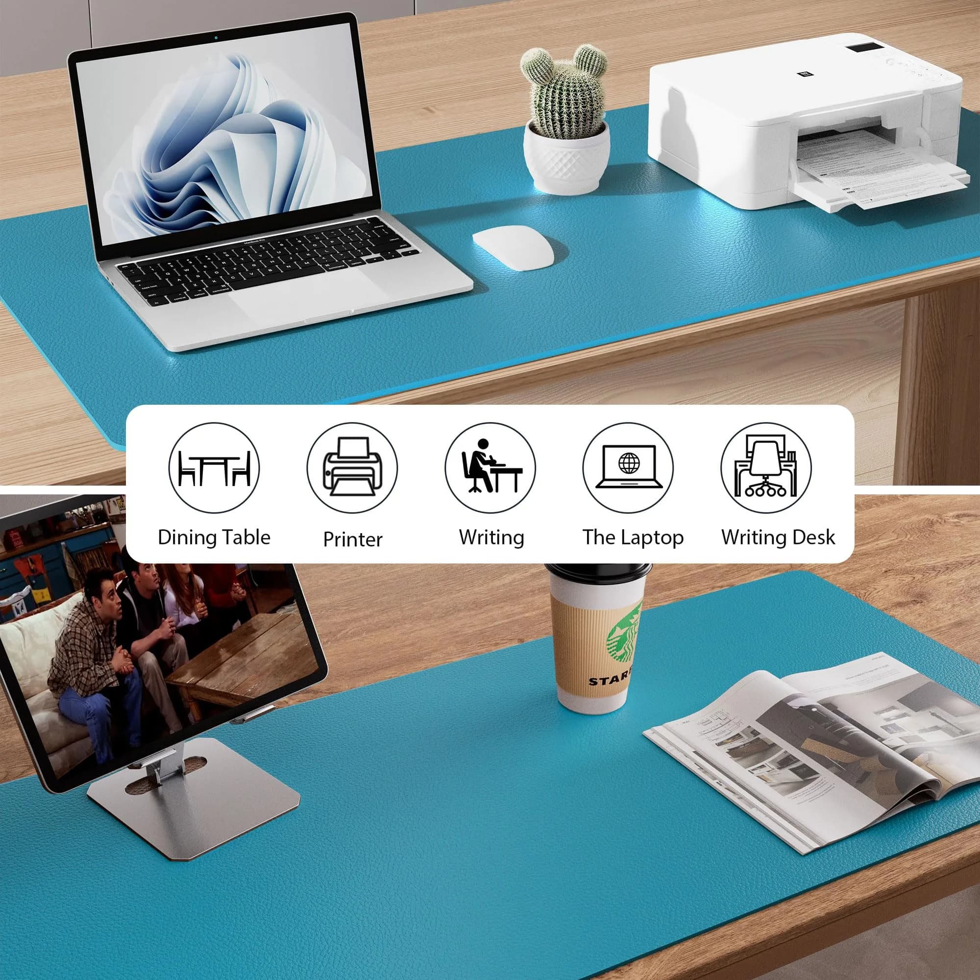 Aothia Leather Desk Pad Protector, Large Mouse Pad, Office Desk Mat, Non-Slip PU Leather Desk Blotter, Turquoise (36" x 17") - view 5