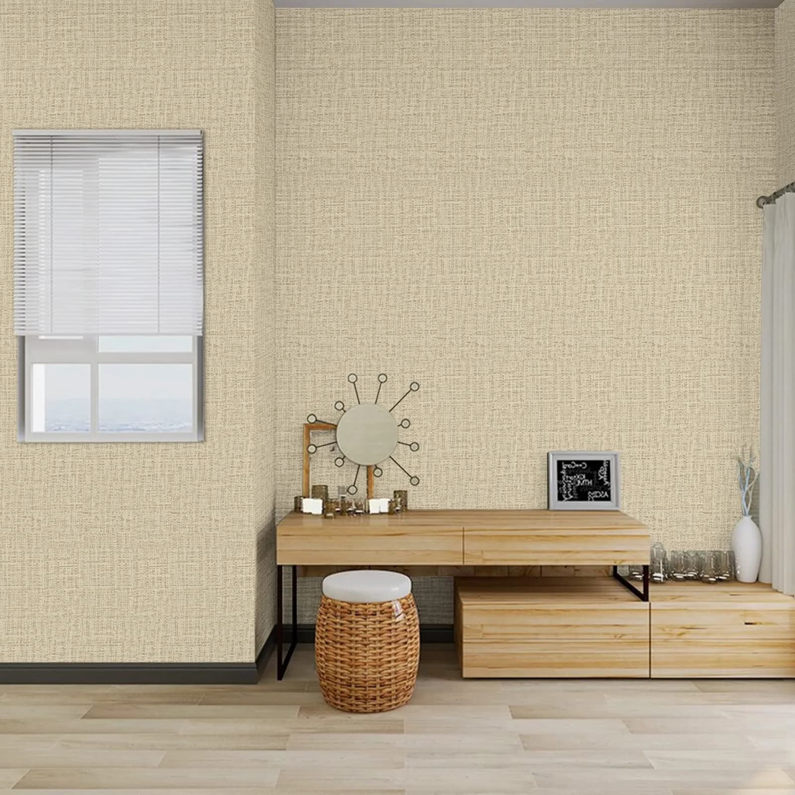 TANONE Khaki Grasscloth Peel and Stick Wallpaper 43.3 sq.ft (15.8" W x 394" L) | Beige Linen Texture for Walls & Cabinets - view 7