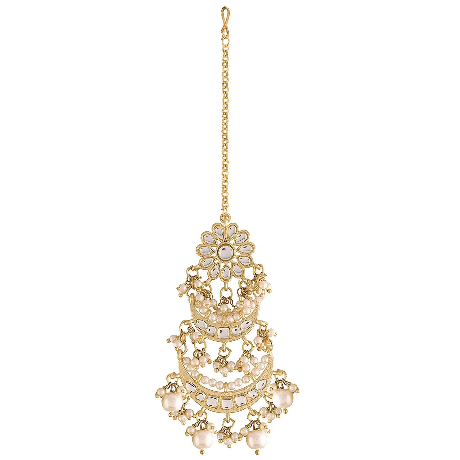 I Jewels Gold Plated Kundan Maang Tikka with Pearls for Women | 13cm (4.5cm Width) — White 1