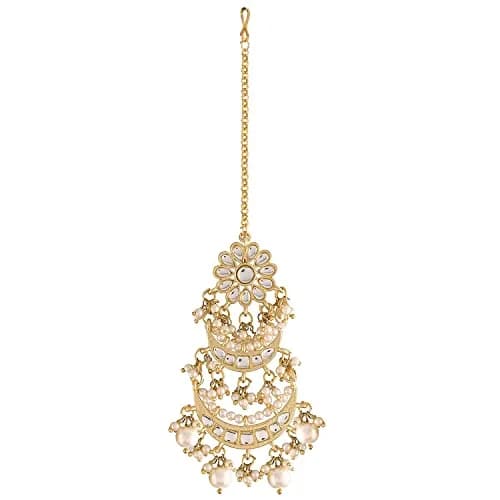 I Jewels Gold Plated Kundan Studded Maang Tikka for Women | Traditional Indian Wedding Jewelry (White 1) thumbnail 1