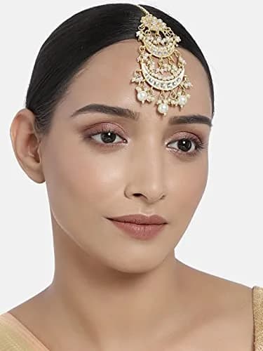I Jewels Gold Plated Kundan Studded Maang Tikka for Women | Traditional Indian Wedding Jewelry (White 1) thumbnail 2