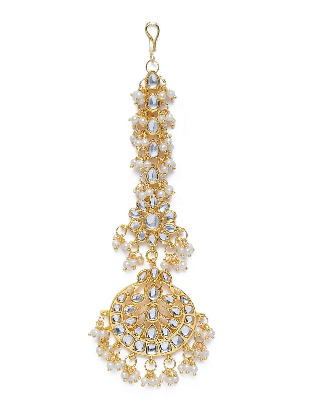 I Jewels Gold Plated Kundan Maang Tikka & Passa for Women | 13cm Height, 4.5cm Width — White