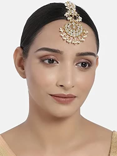I Jewels Gold Plated Kundan Maang Tikka & Passa for Women | 13cm Height, 4.5cm Width thumbnail 2
