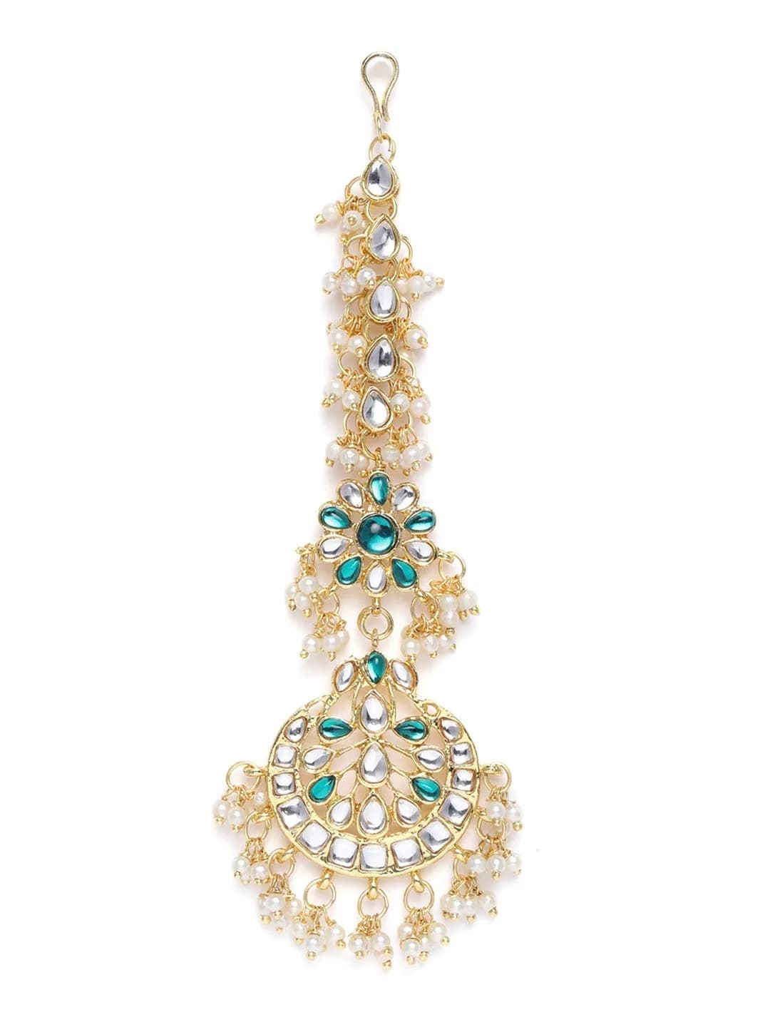 I Jewels Gold Plated Kundan Maang Tikka with Pearls for Women | 13cm (4.5cm Width) - main product image
