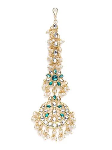 I Jewels Gold Plated Kundan Maang Tikka with Pearls for Women | 13cm (4.5cm Width) thumbnail 1