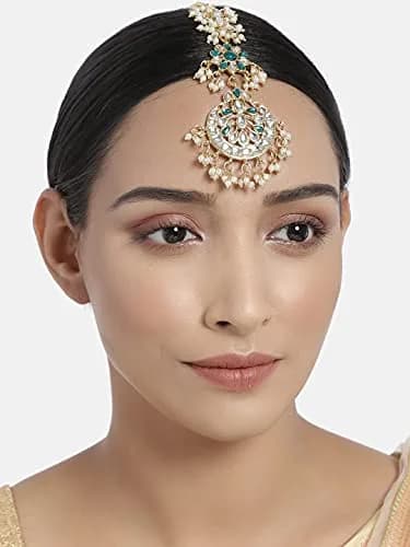 I Jewels Gold Plated Kundan Maang Tikka with Pearls for Women | 13cm (4.5cm Width) thumbnail 2