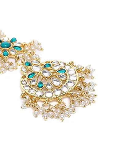 I Jewels Gold Plated Kundan Maang Tikka with Pearls for Women | 13cm (4.5cm Width) thumbnail 3