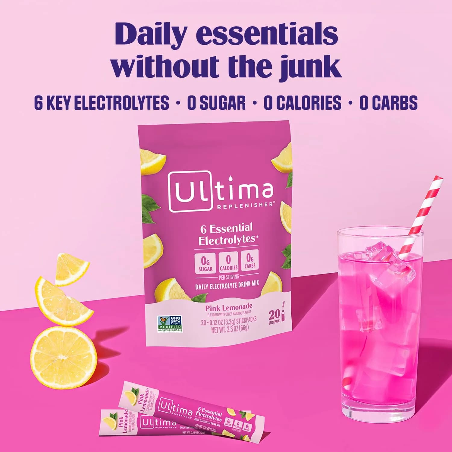 Ultima Replenisher Daily Electrolyte Powder Pink Lemonade 20 Stickpacks | Zero Sugar Hydration with 6 Electrolytes - view 2