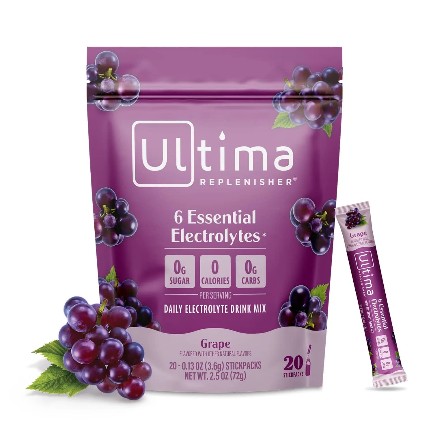 Ultima Replenisher Sugar Free Electrolyte Hydration Powder Stickpacks Pouch, Grape (20 Count) | Clean Hydration for Indian Fitness Goals - main product image