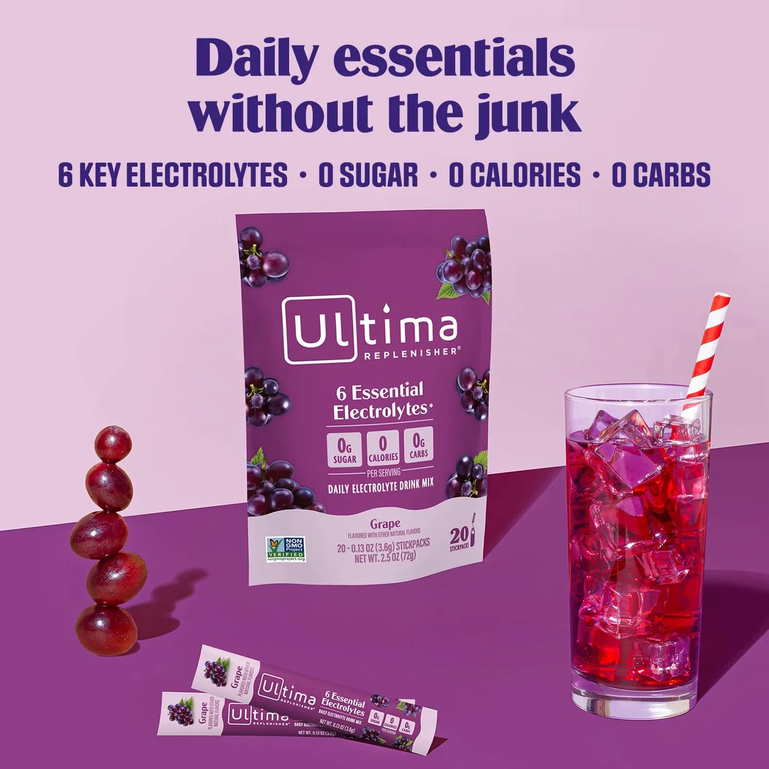 Ultima Replenisher Sugar Free Electrolyte Hydration Powder Stickpacks Pouch, Grape (20 Count) | Clean Hydration for Indian Fitness Goals - view 2