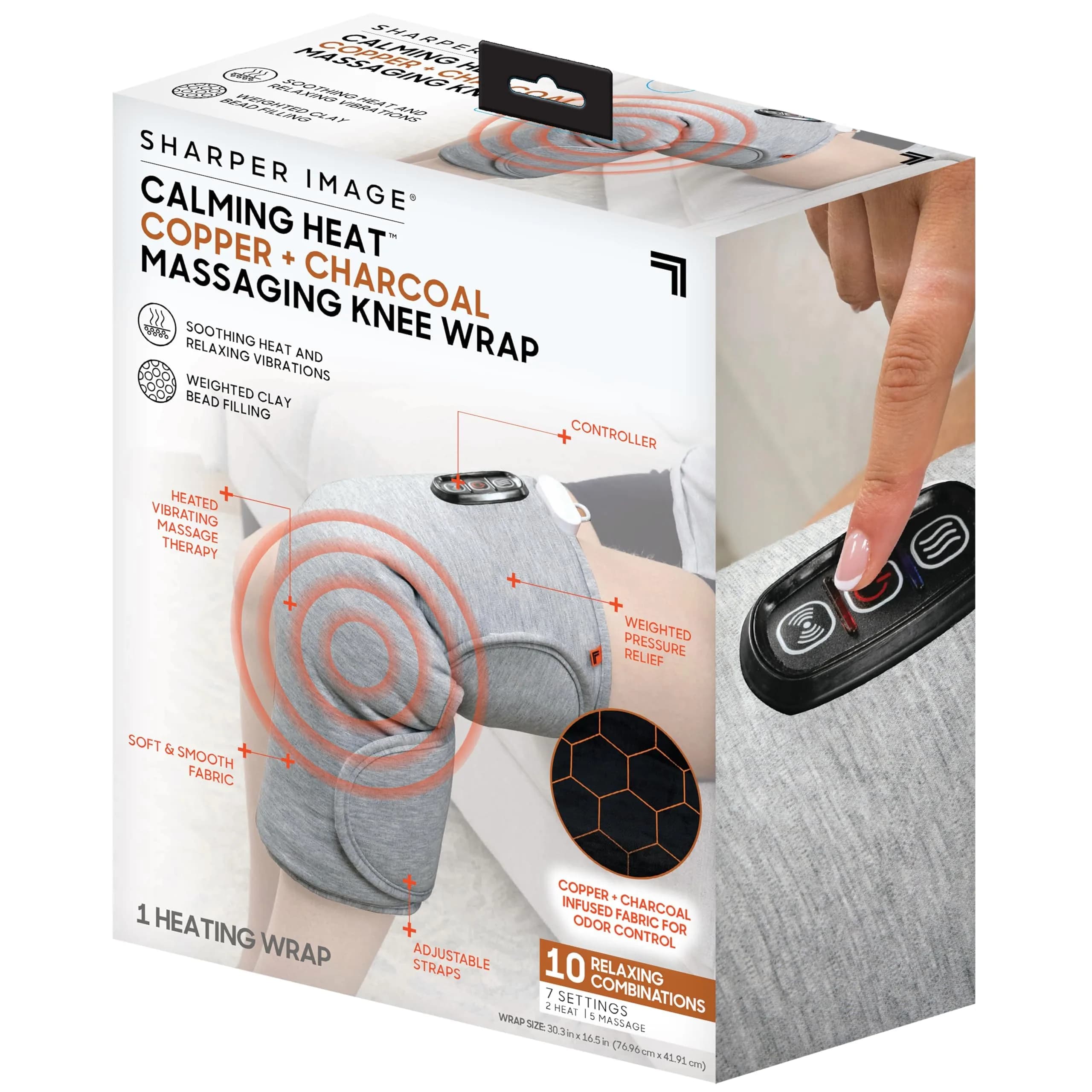 Calming Comfort Electric Heating Pad Knee Wrap | Copper & Charcoal, Auto Shut-Off, 2 Heat & 5 Vibration Settings, 76.2cm x 42cm — Grey