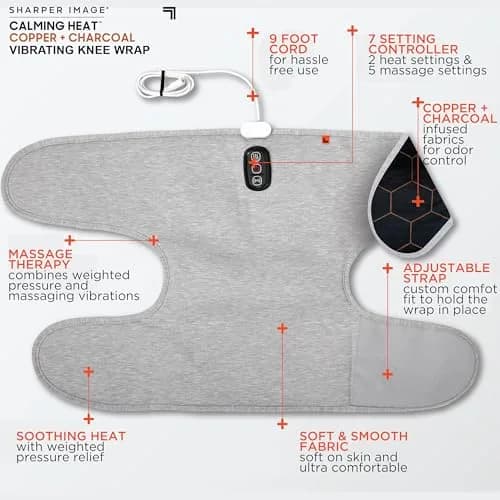 Calming Comfort Electric Heating Pad Knee Wrap | Copper & Charcoal, Auto Shut-Off, 2 Heat & 5 Vibration Settings, 76.2cm x 42cm thumbnail 3