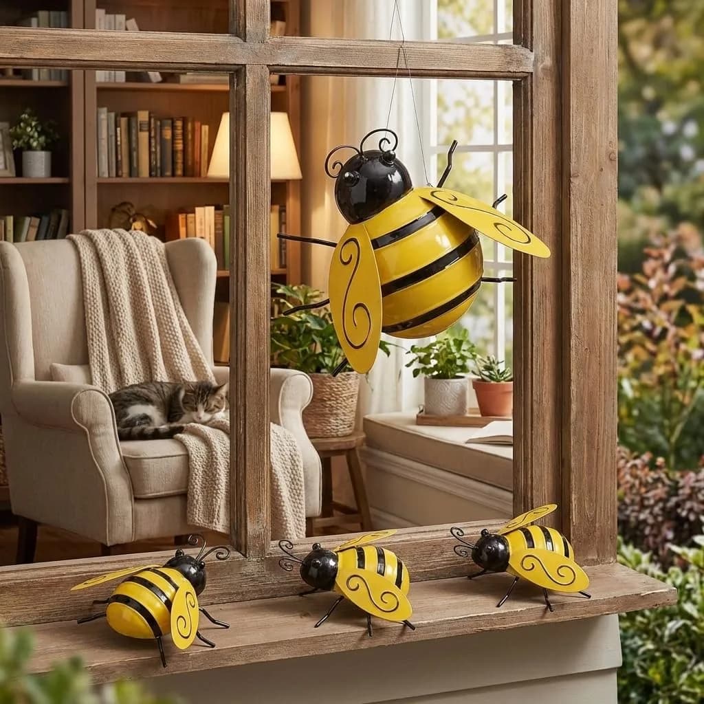 Yungeln Metal Wall Art Set of 4 Bumble Bees 10cm (3.97in) | Adds Whimsical Charm to Your Garden - view 7