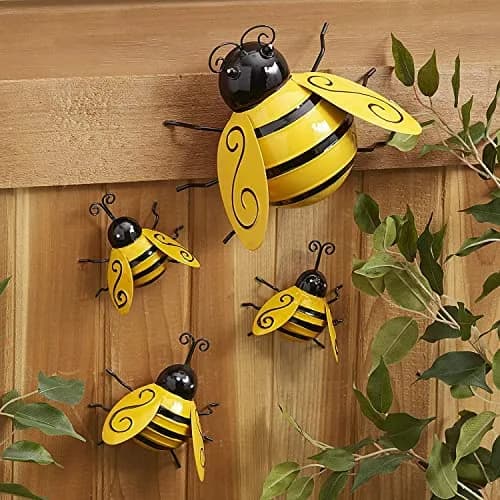 Yungeln Metal Wall Art Set of 4 Bumble Bees 10cm (3.97in) | Adds Whimsical Charm to Your Garden thumbnail 1