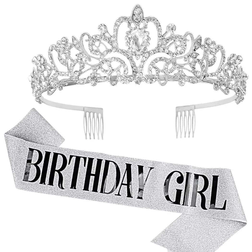 COCIDE Birthday Sash & Tiara Set - Rhinestone Tiara & Sash for Women's Birth Party Decoration Kit | Sparkling Glitter & Adjustable Fit — 3 Silver