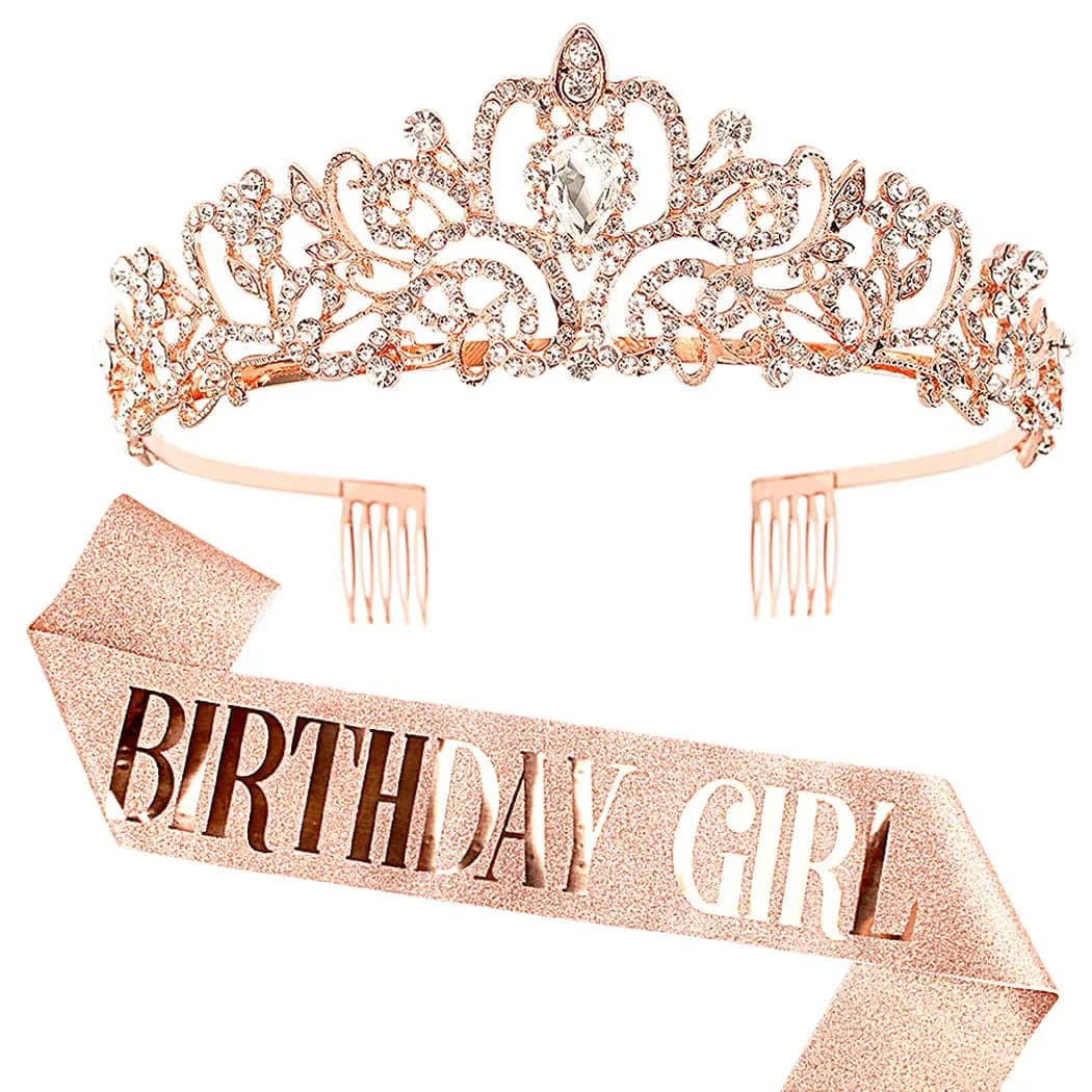 COCIDE Birthday Sash & Tiara Set - Rhinestone Tiara & Silver Glitter Sash | Women's Birth Party Decoration Kit — 4 Rose Gold
