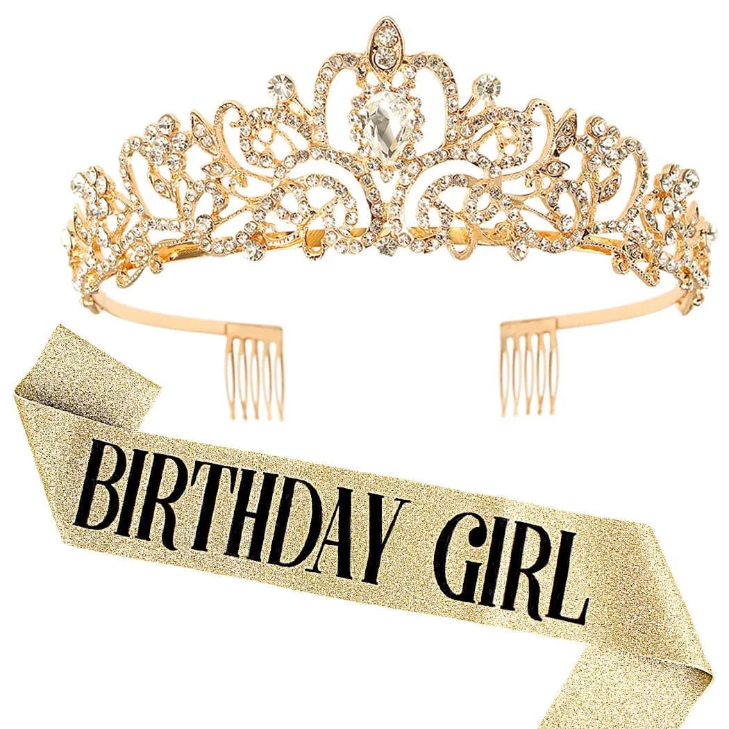 COCIDE Birthday Sash & Tiara Set - Rhinestone Tiara & Silver Glitter Sash for Women's Birth Party, 33 inches sash, 12.5 cm tiara — 2 Gold