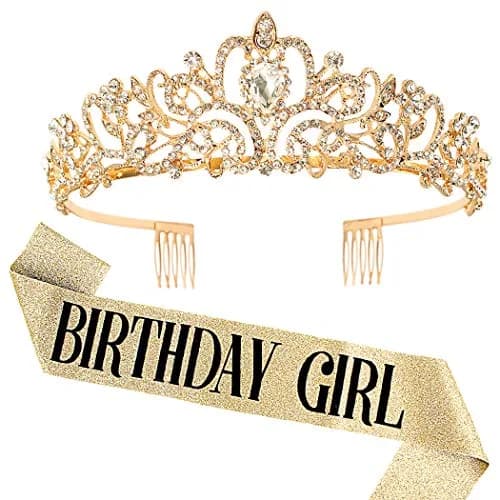 COCIDE Birthday Sash & Tiara Set - Rhinestone Tiara & Silver Glitter Sash for Women's Birth Party, 33 inches sash, 12.5 cm tiara thumbnail 1