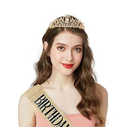 COCIDE Birthday Sash & Tiara Set - Rhinestone Tiara & Silver Glitter Sash for Women's Birth Party, 33 inches sash, 12.5 cm tiara thumbnail 2