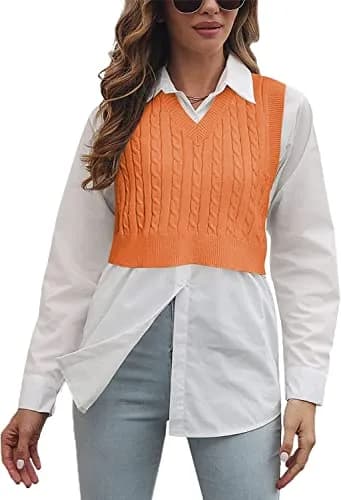 Lailezou Women's V-Neck Knit Sweater Vest Solid Color Argyle Plaid Preppy Style Sleeveless Crop Knit Vest thumbnail 1