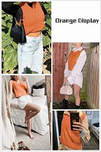 Lailezou Women's V-Neck Knit Sweater Vest Solid Color Argyle Plaid Preppy Style Sleeveless Crop Knit Vest thumbnail 3