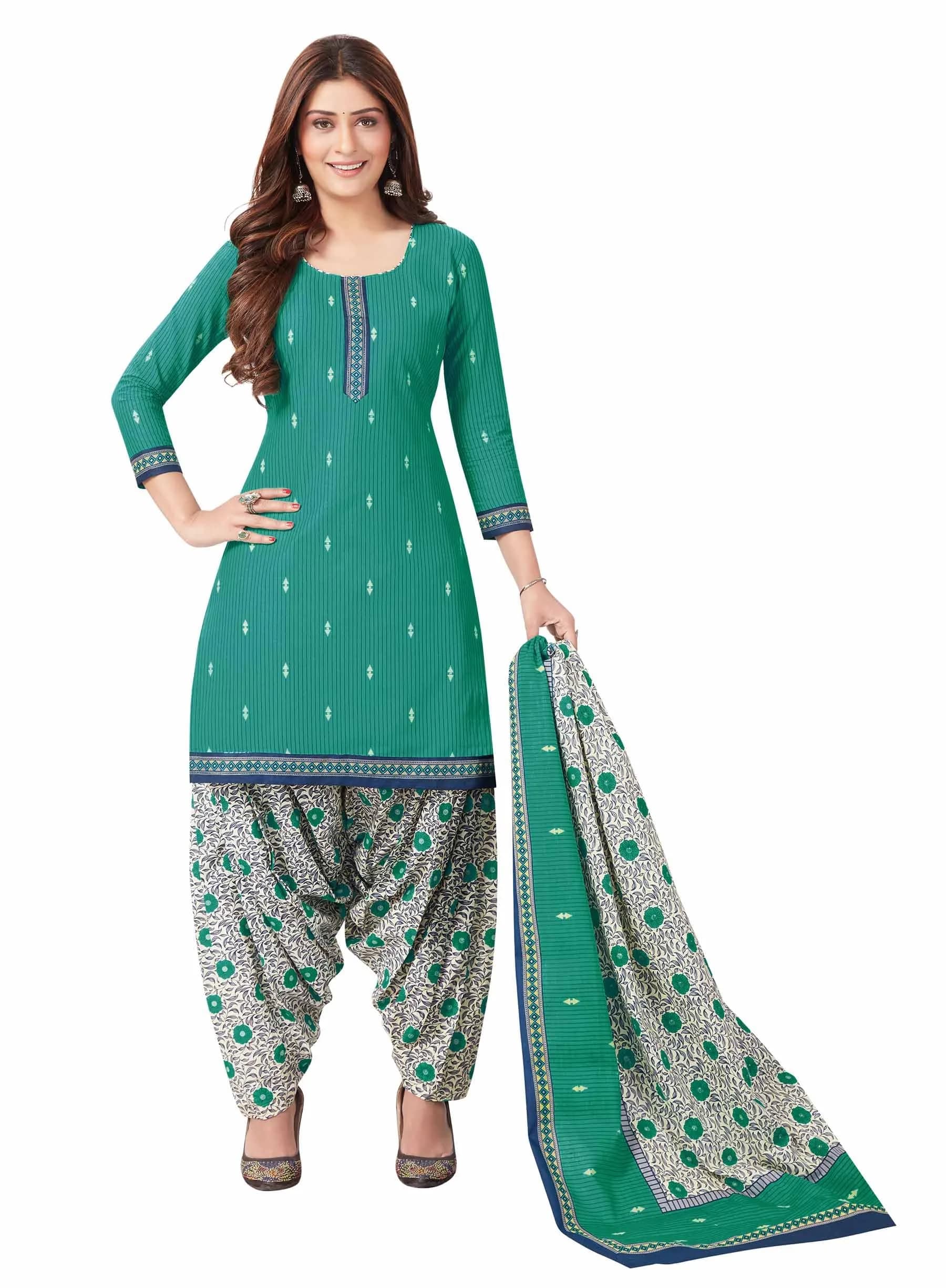 Miraan Women's Cotton Printed Readymade Salwar Suit Set X-Large Green | 36cm (14in) Length - main product image