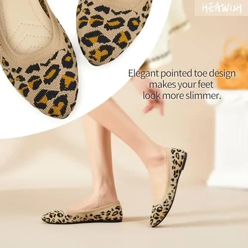 HEAWISH Women’s Ballet Flat Shoes Comfortable Mesh Pointed Toe Slip On (Leopard, US9) thumbnail 4