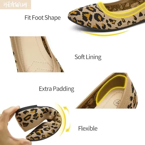 HEAWISH Women’s Ballet Flat Shoes Comfortable Mesh Pointed Toe Slip On (Leopard, US9) thumbnail 3