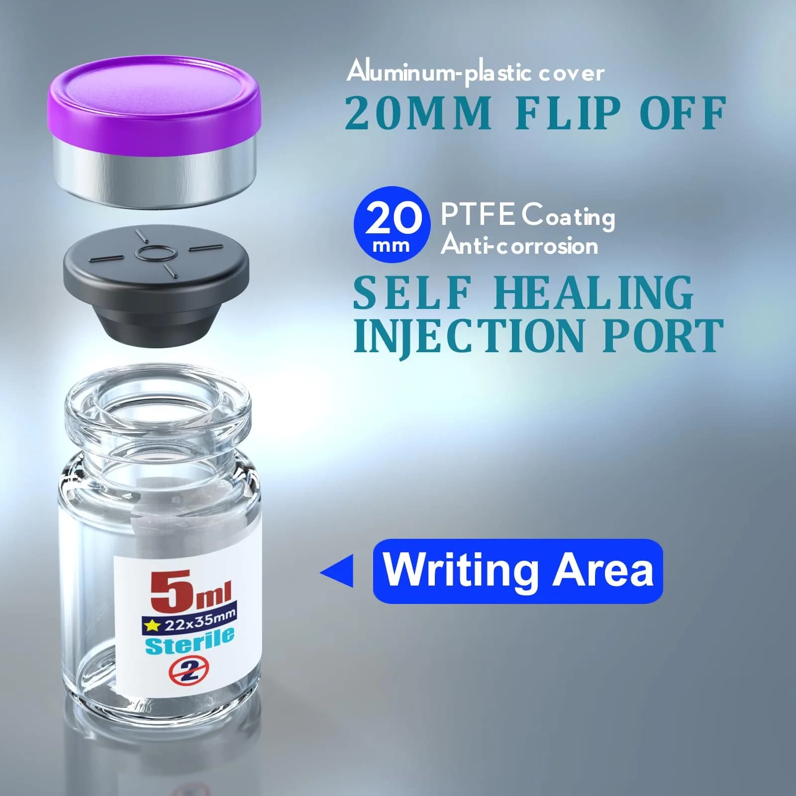 Ks-Tek Sterile Empty Vials with Self-Healing Injection Port 5ml (0.169 Fl Oz) | Pack of 10, Purple - view 3