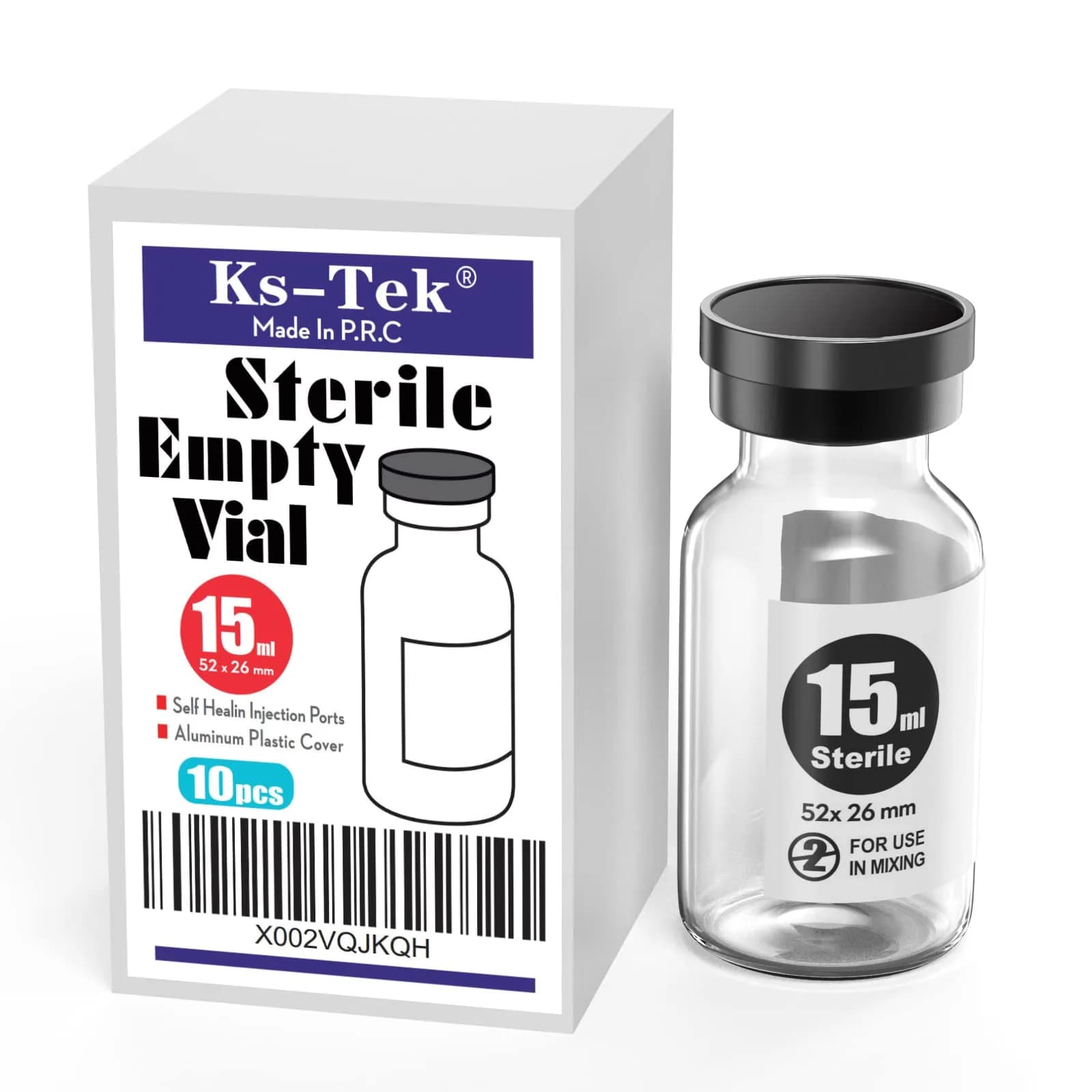 Ks-Tek Sterile Glass Sample Vials with Injection Port 15ml (0.507 Fl Oz) | Pack of 10, Steam Sterilized - main product image