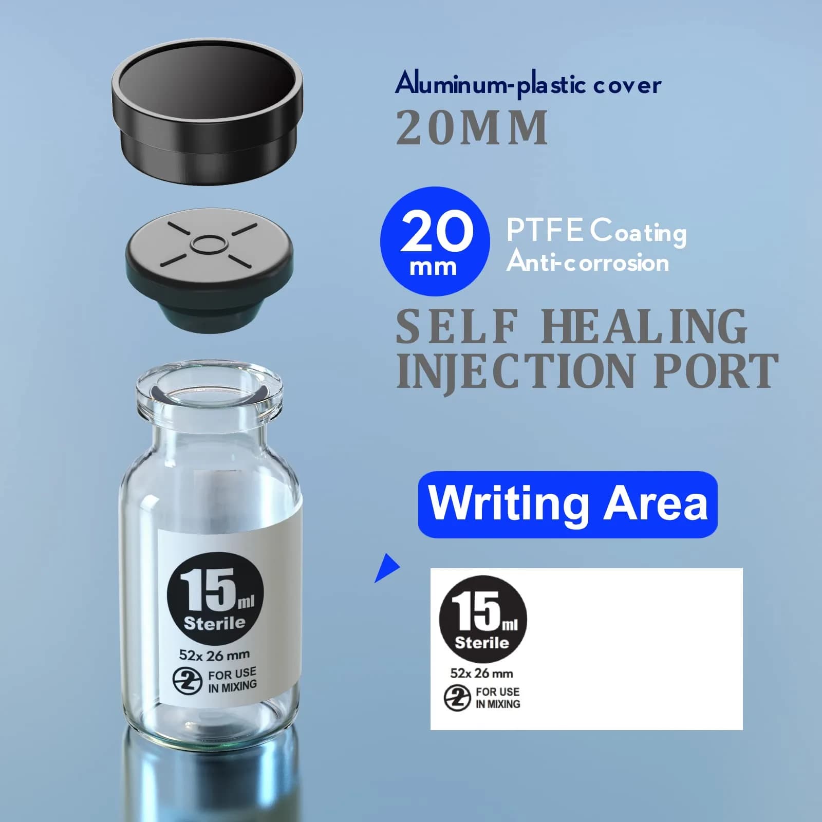 Ks-Tek Sterile Glass Sample Vials with Injection Port 15ml (0.507 Fl Oz) | Pack of 10, Steam Sterilized - view 2