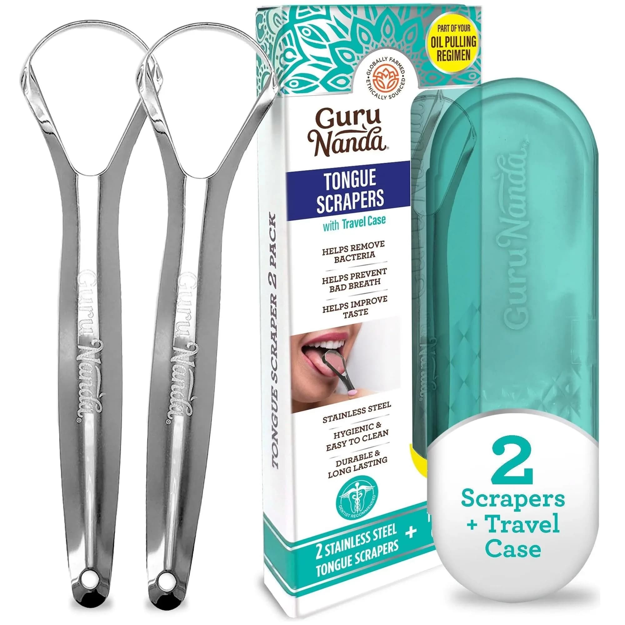 GuruNanda Stainless Steel Tongue & U-Shaped Scraper Pack (2 Pack) with Travel Case | Promotes Fresh Breath & Oral Hygiene — Spoon Shaped