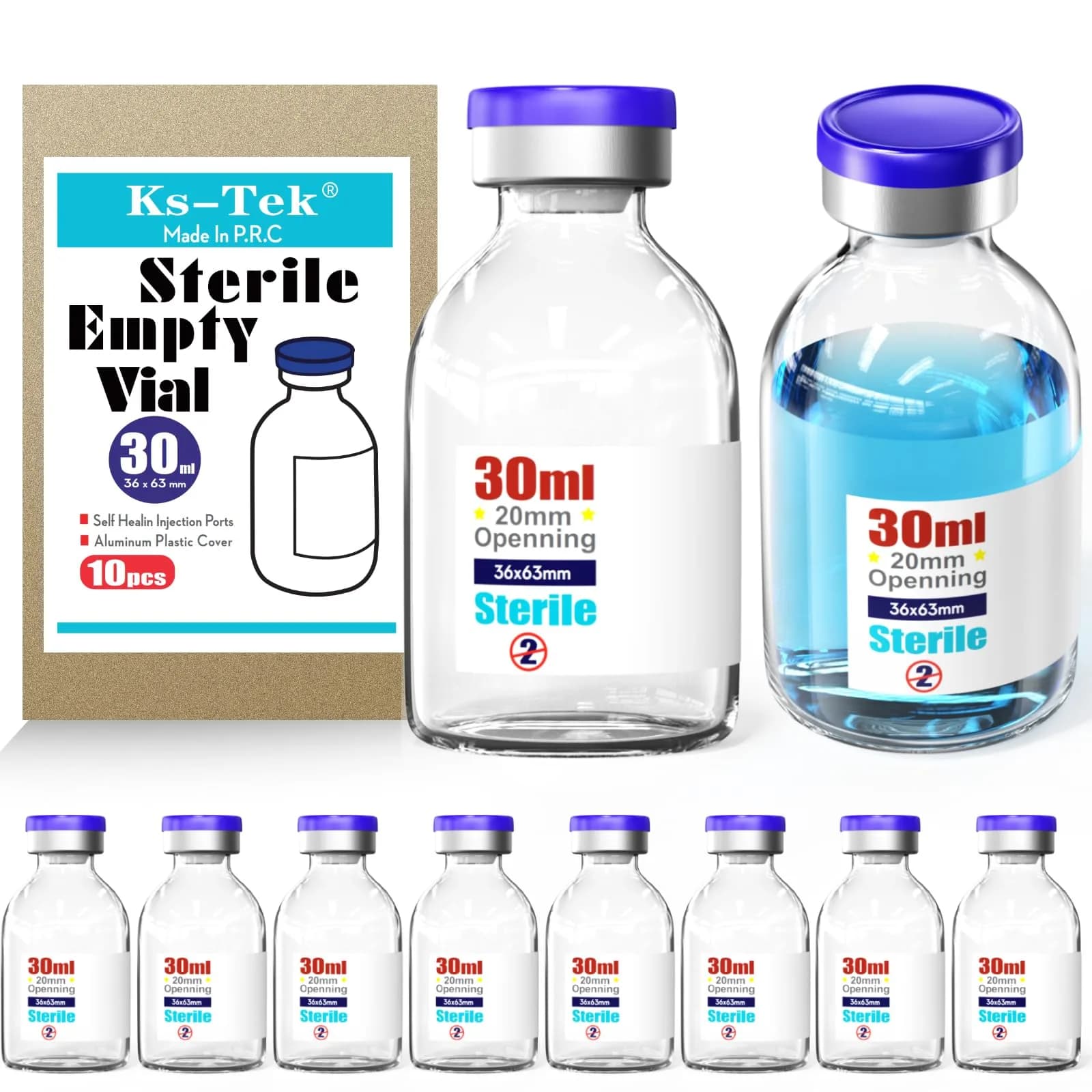 Ks-Tek Sterile Empty Vials with Self Healing Injection Port 30ml (10-Pack) | Lab Sample Vials for India - main product image