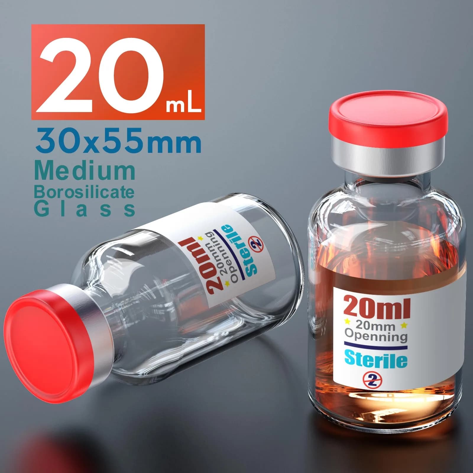 Ks-Tek Sterile Glass Sample Vials 20ml (0.676 Fl Oz) with Injection Port & Flip-Off Cap | Pack of 10 - view 2