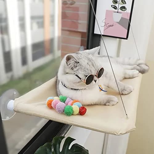 JinRui-T Khaki Cat Window Hammock Perch 55.1cm (21.7in) | Sunny Bed for Cats with Strong Suction Cups thumbnail 1