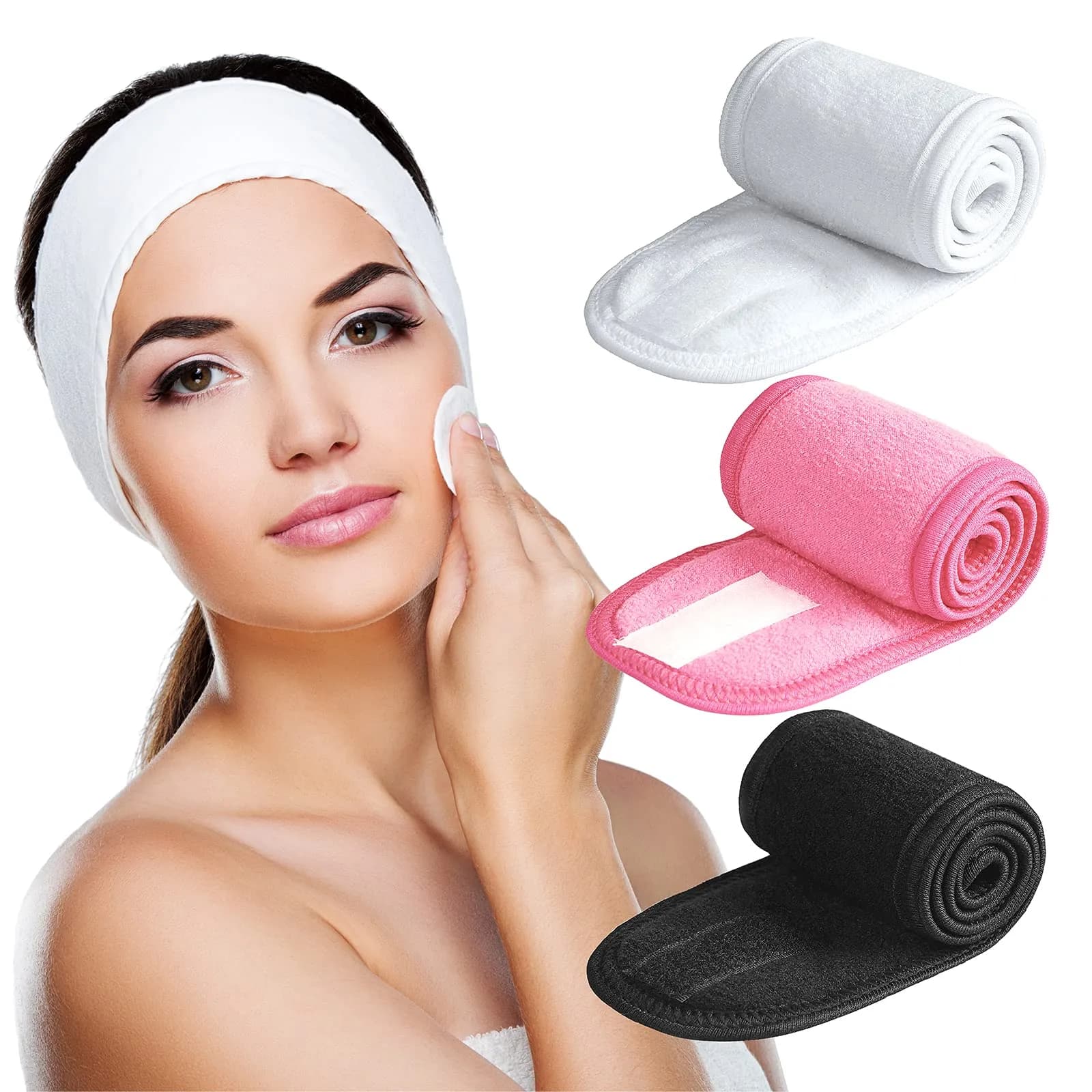 Denfany Soft Terry Cloth Spa Headband | Adjustable for Face Washing & Yoga (3-Pack, White+Black+Pink) — Black+White+Pink