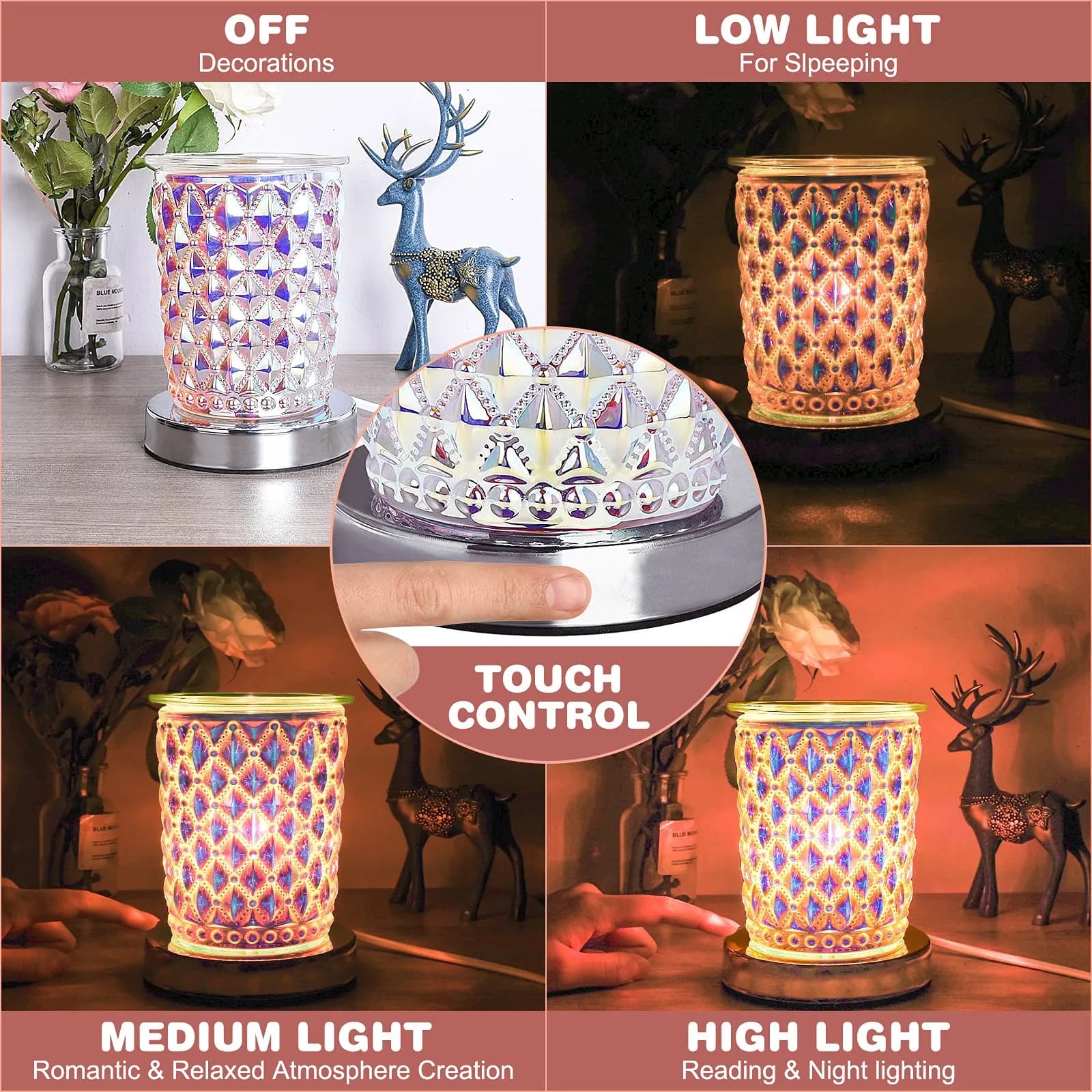 Osalms Pink 3D Crystal Electric Wax Melt Warmer with Dimmable Light, 50W | Melts Wax & Essential Oils for Home Fragrance - view 3