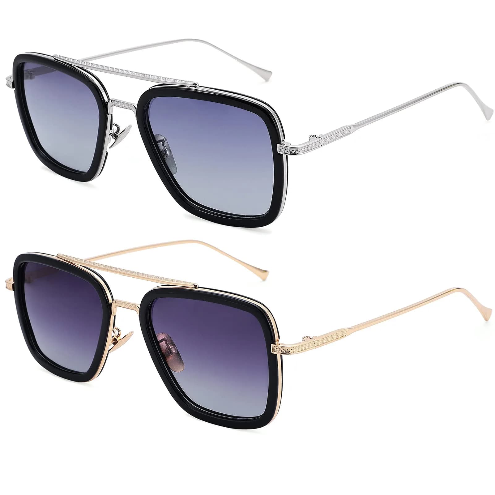 NULOOQ Tony Stark Aviator Sunglasses 2 Pack: Silver/Gradient Gray & Gold/Gradient Gray - main product image