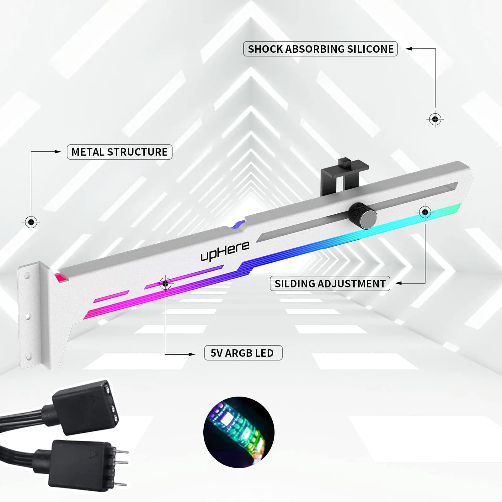 upHere 5V Addressable RGB White Graphics Card GPU Brace Support Video Card Sag Holder with ARGB Strip, Adjustable Length and Height Support (1-Pack) - view 2